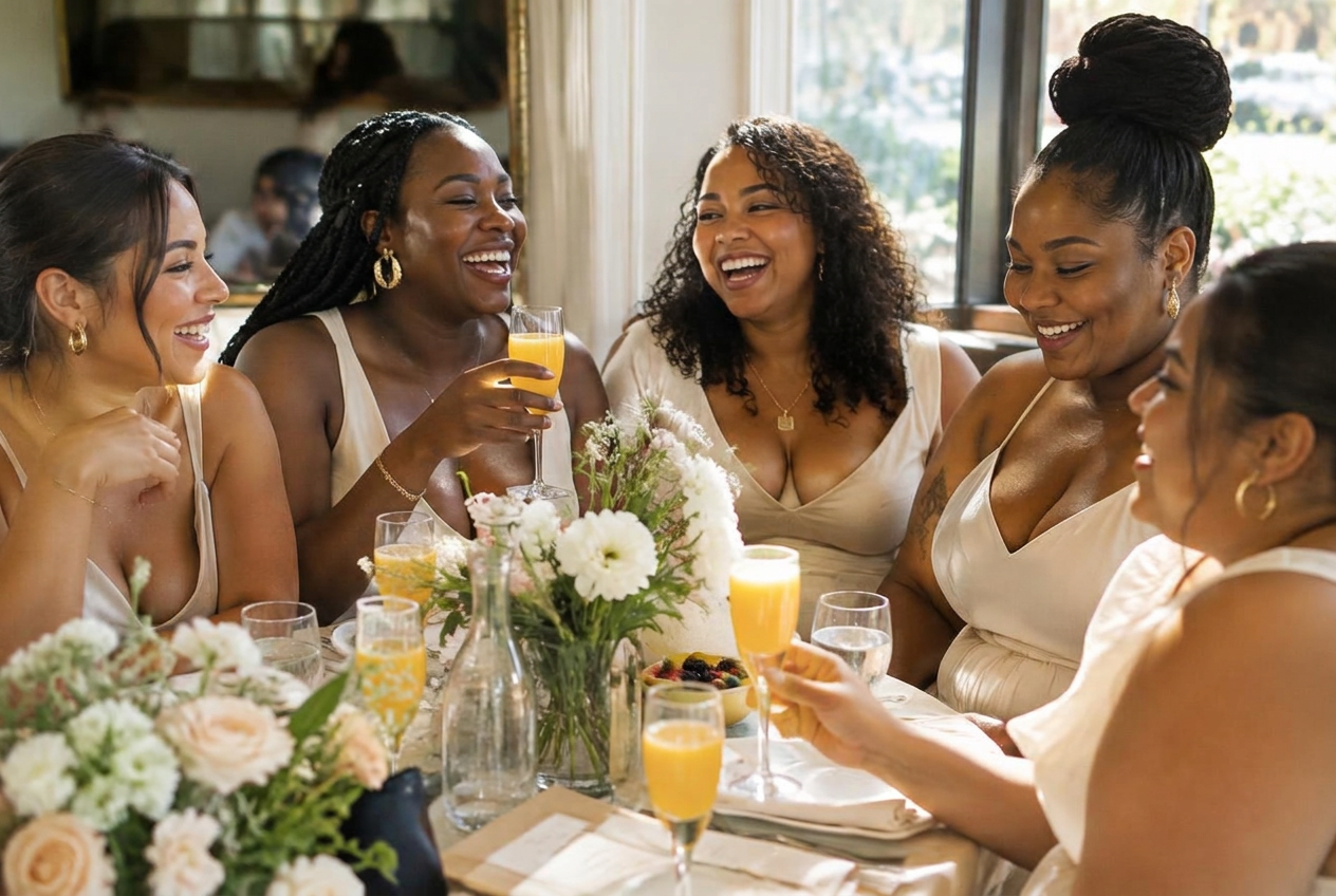 Four women in cream outfits laughing around a sunlit brunch table with coffee and pastries