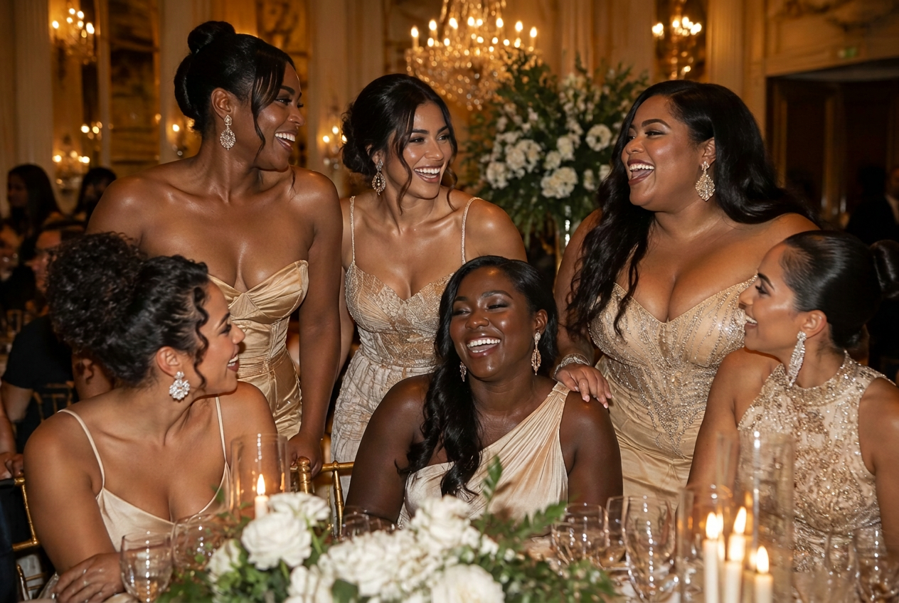 Five women in cream and champagne gowns toasting champagne at an elegant evening gala