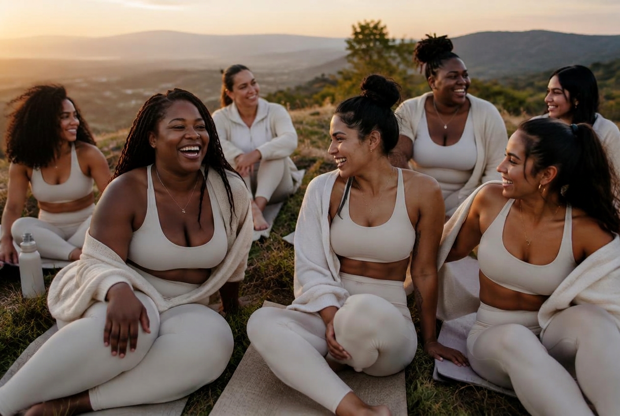 Five women in cream activewear laughing together during an outdoor retreat morning stretch