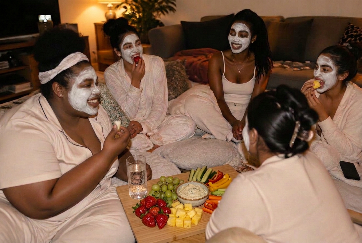 Six women in cream pajamas wearing white clay mud masks, several of them eating fruit and vegetables together during a cozy sleepover night in