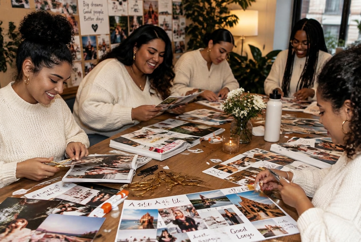 Four women in cream outfits creating vision boards around a table with flowers and gold pens