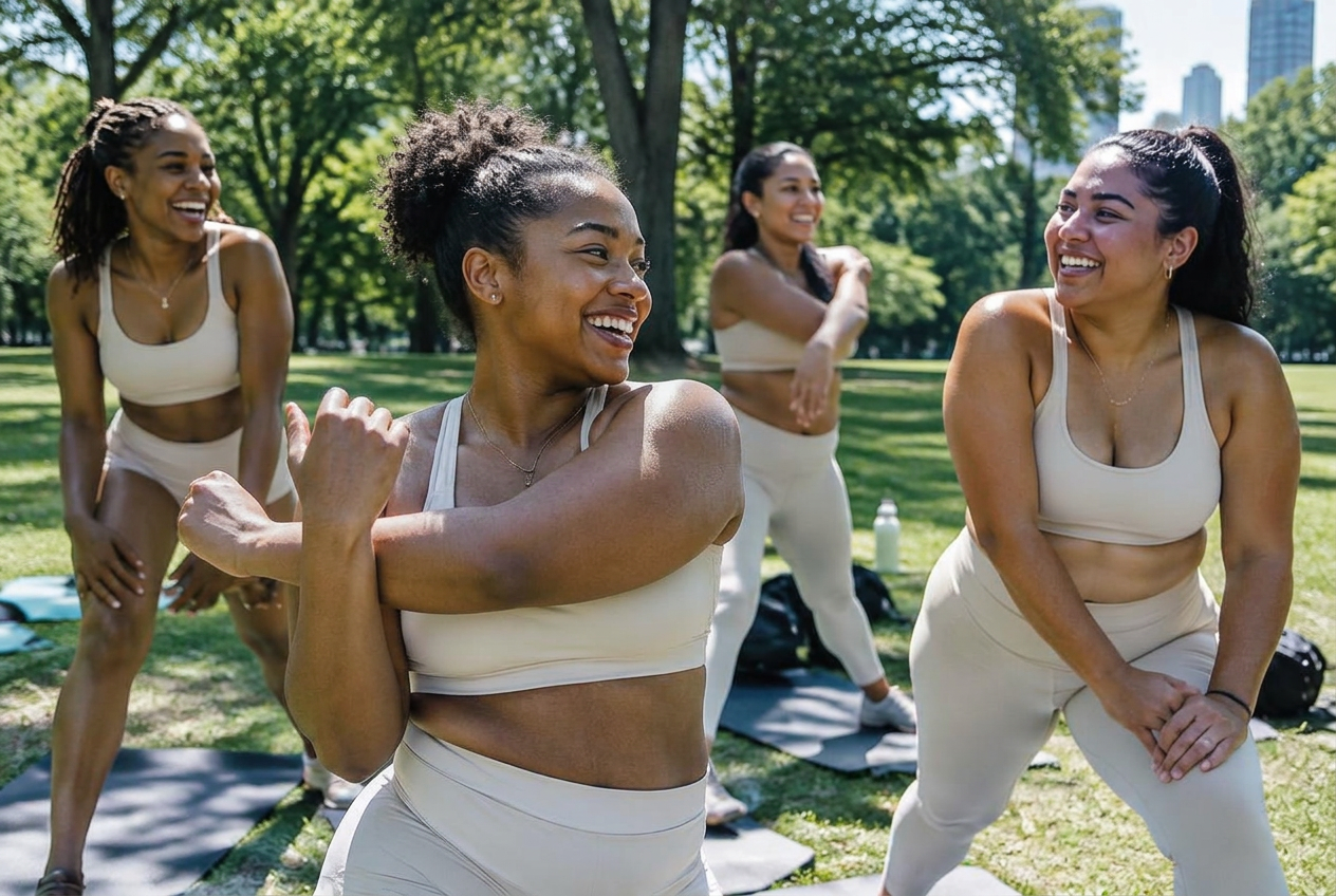 Women of different body shapes in cream activewear stretching and laughing together during an outdoor park workout