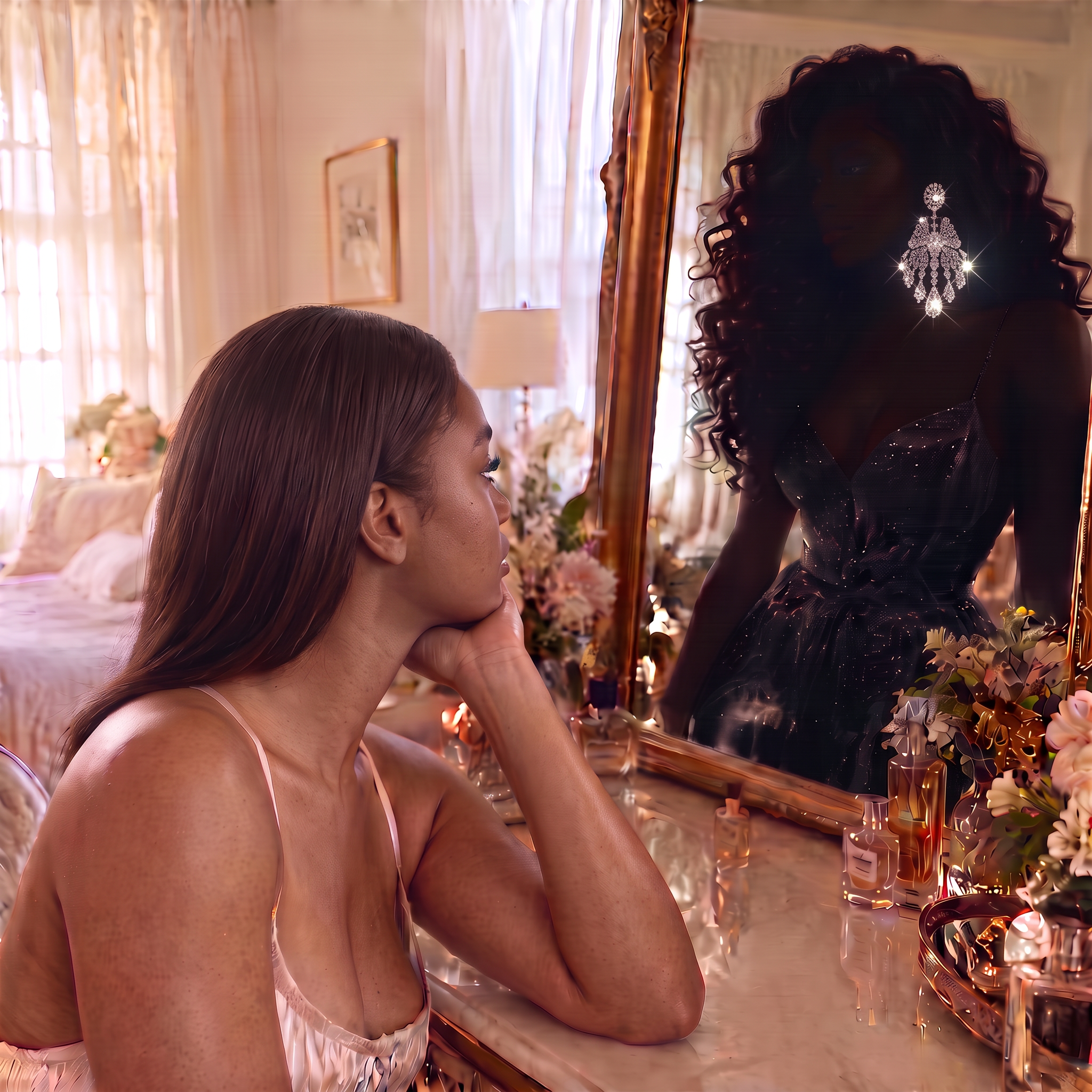 A young woman looking directly at her reflection in the mirror, where a glamorous silhouette of her higher self appears