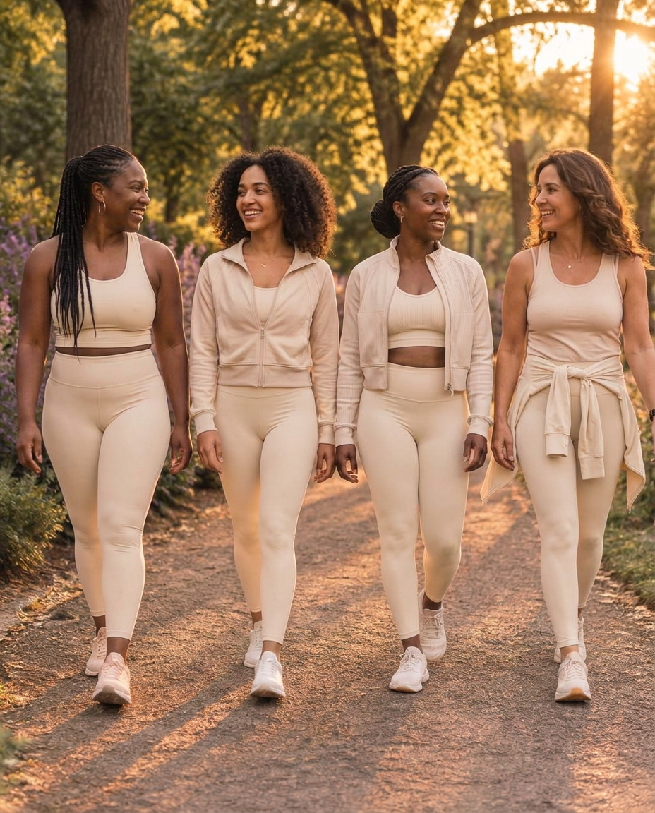 Women sharing a joyful walk together in a sunlit park